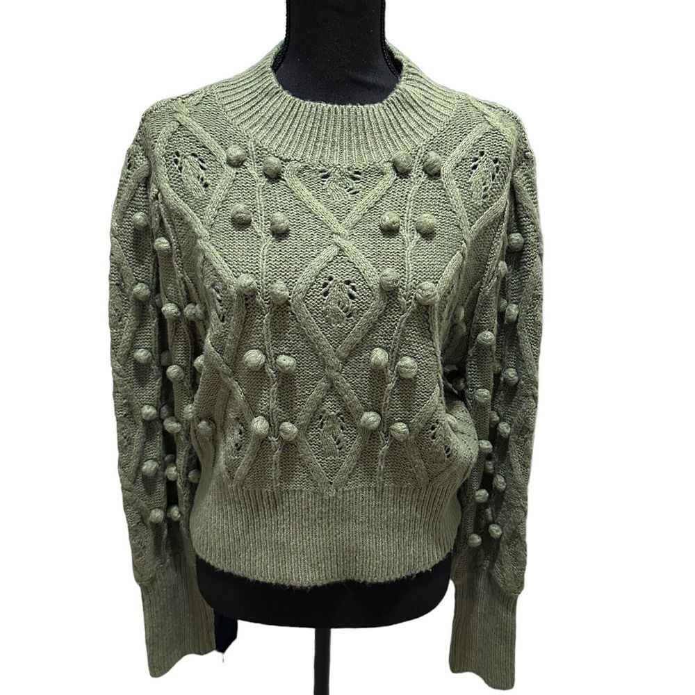 Chelsea‎ Violet Women's Sweater Cable Chunky Pompom Balls Olive Green Size XL